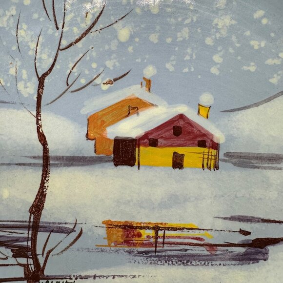 Vintage Wall Hanging Plate Italian Pottery Winter Blue Snow Cabin Lake Italy - Picture 6 of 10